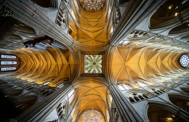 Taken with a fisheye lens to try and get as close to 180 degree view of the upper half of the cathederal and to capture the cross-shape of the gilded ceiling.  Was posted earlier in portrait format, but has much more impact in landscape. | Truro in United Kingdom