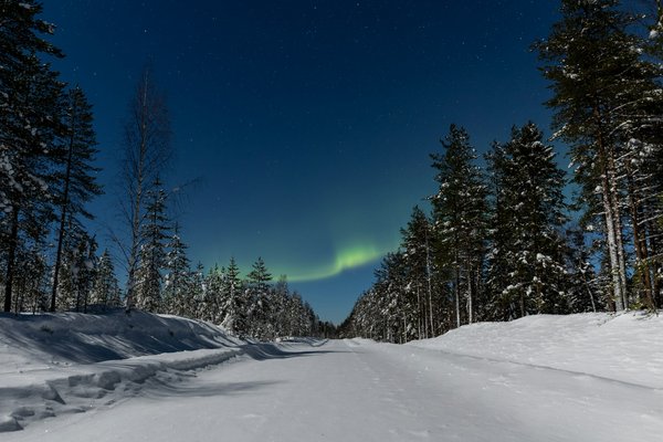 Beautiful northern light aka aurora borealis and moonlit winter landscape in Finland | Nurmes in Finland