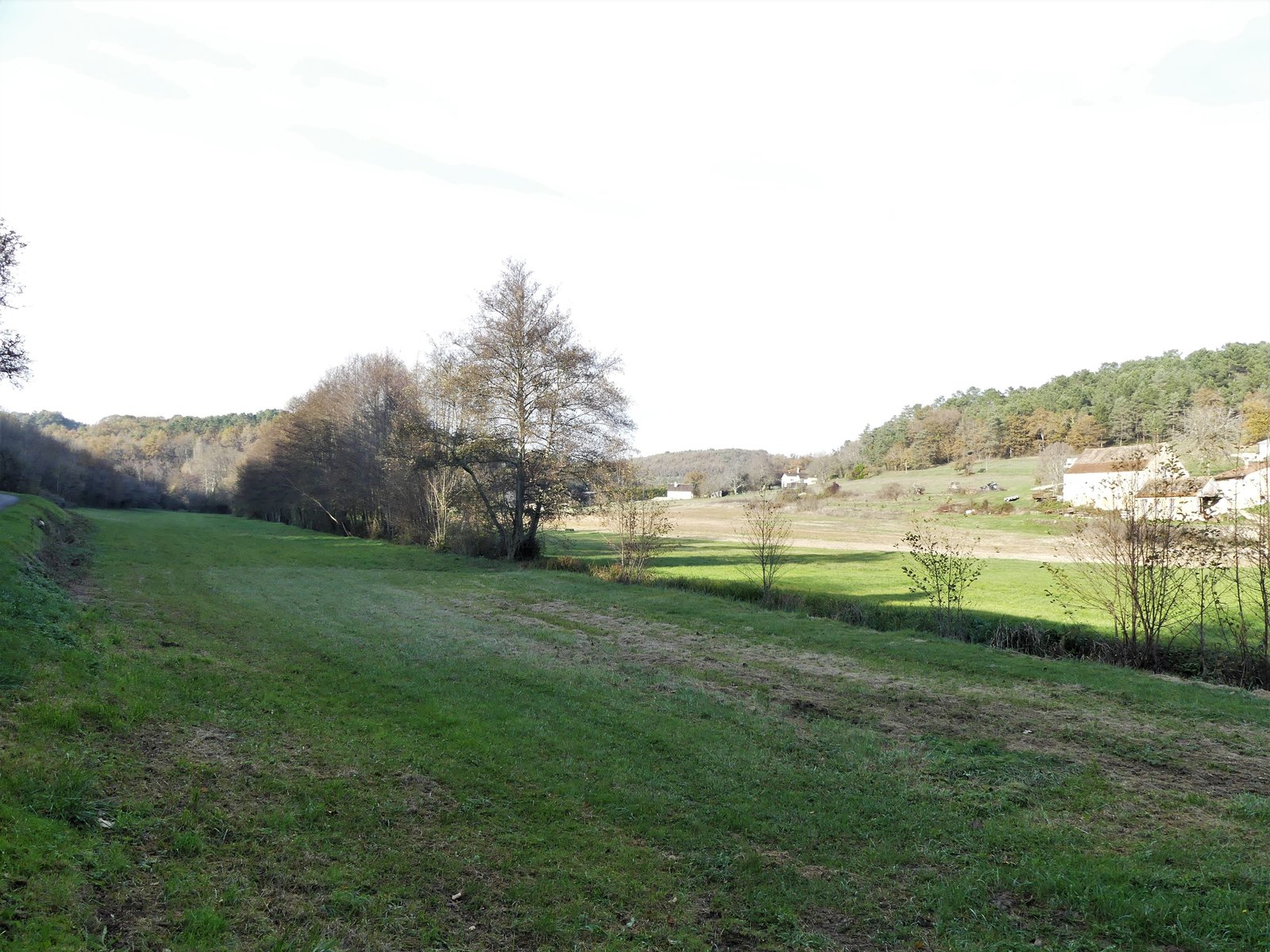 La vallée du Galinat au nord du lieu-dit la Roque, Saint-Julien-de-Crempse, Dordogne, France. Le Galinat coule au niveau du rideau d'arbres. Vue prise en direction de l'amont. | Saint-Julien-de-Crempse in France