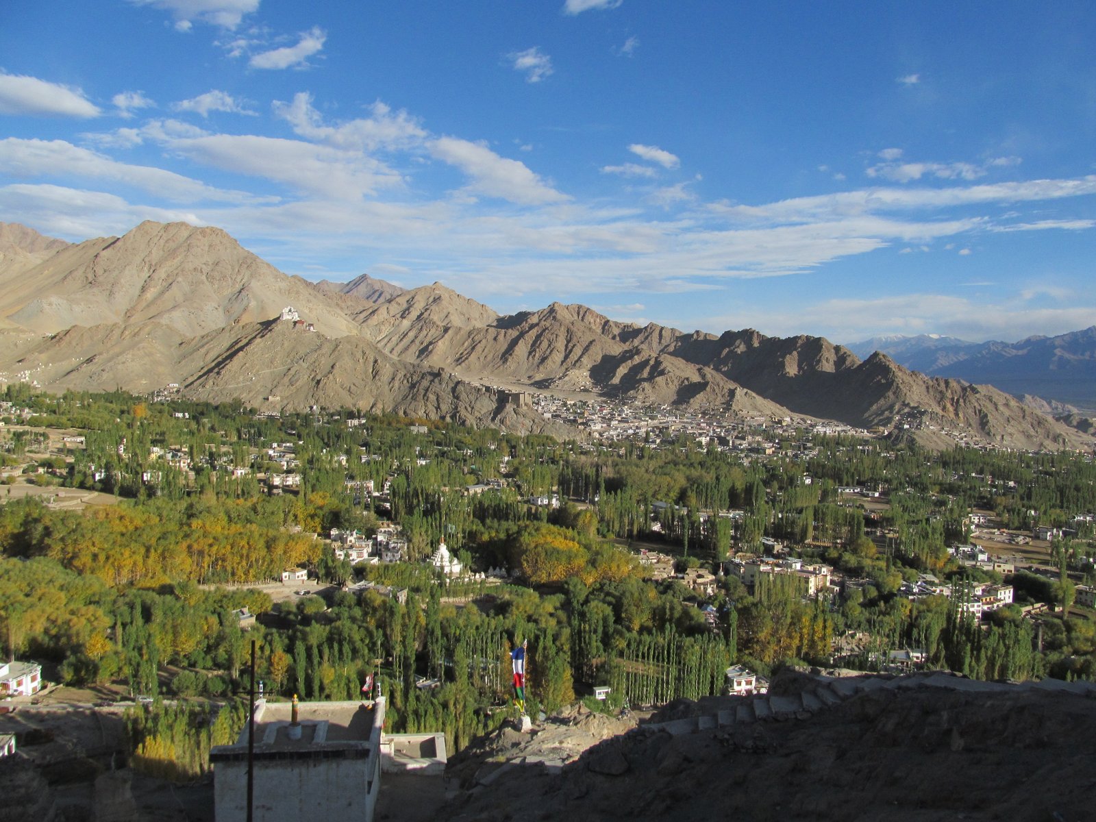 Leh City seen from Shanti Stupa. Namgyal Tsemo Monastery and Leh Palace can be seen on the ridge line. | Leh in India