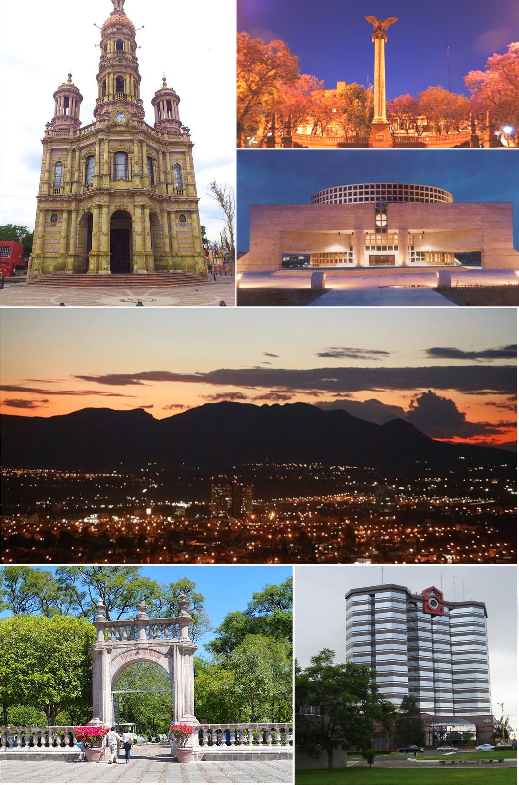 Clockwise from top: San Antonio church, La Exedra, Teatro Aguascalientes, Panorámica Cerro del Muerto, Jardín de San Marcos, Torre Plaza Bosques. | Aguascalientes in Mexico