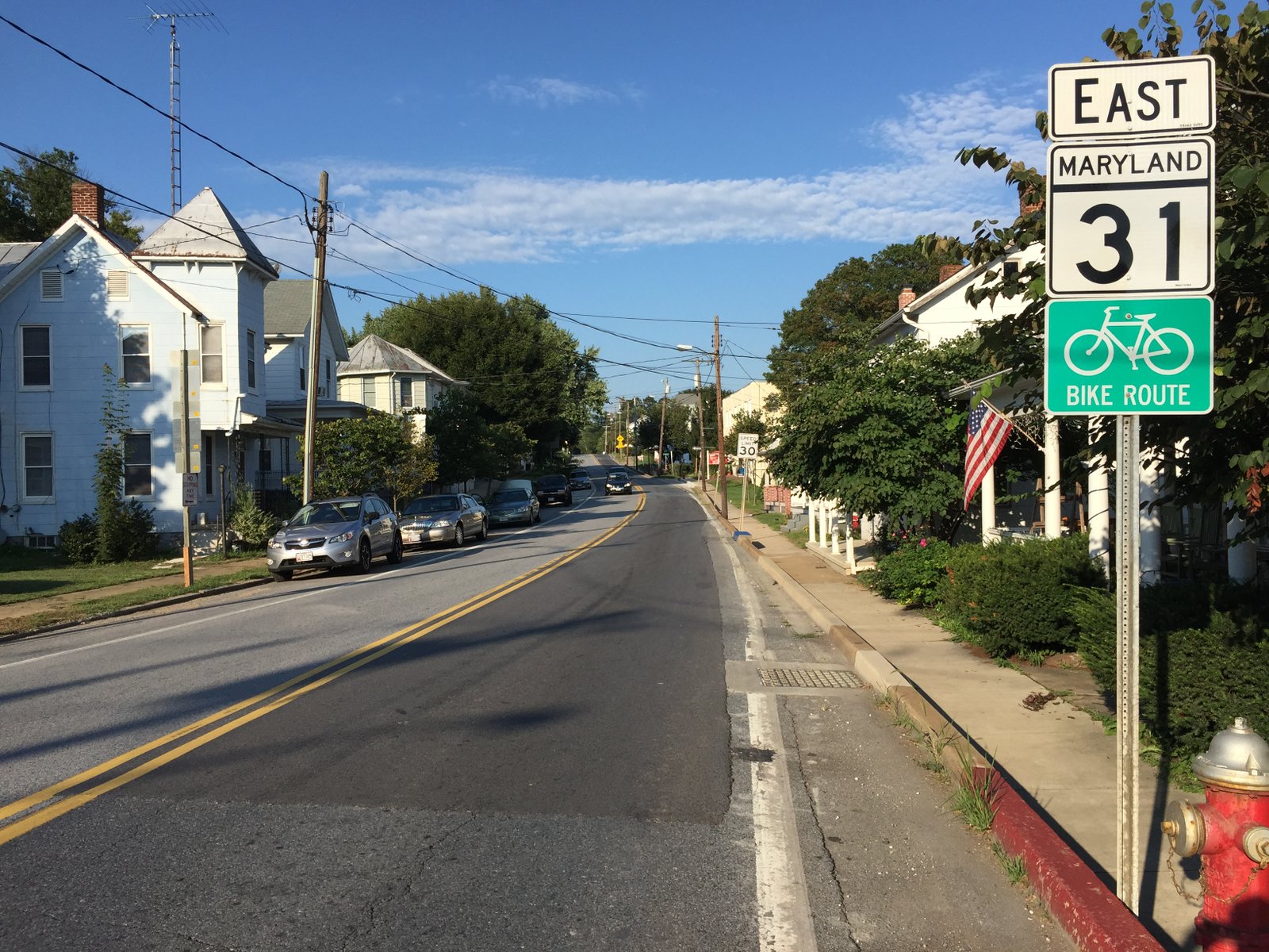 View east along Maryland State Route 31 (Main Street) at Green Valley Road in New Windsor, Carroll County, Maryland | New Windsor in United States