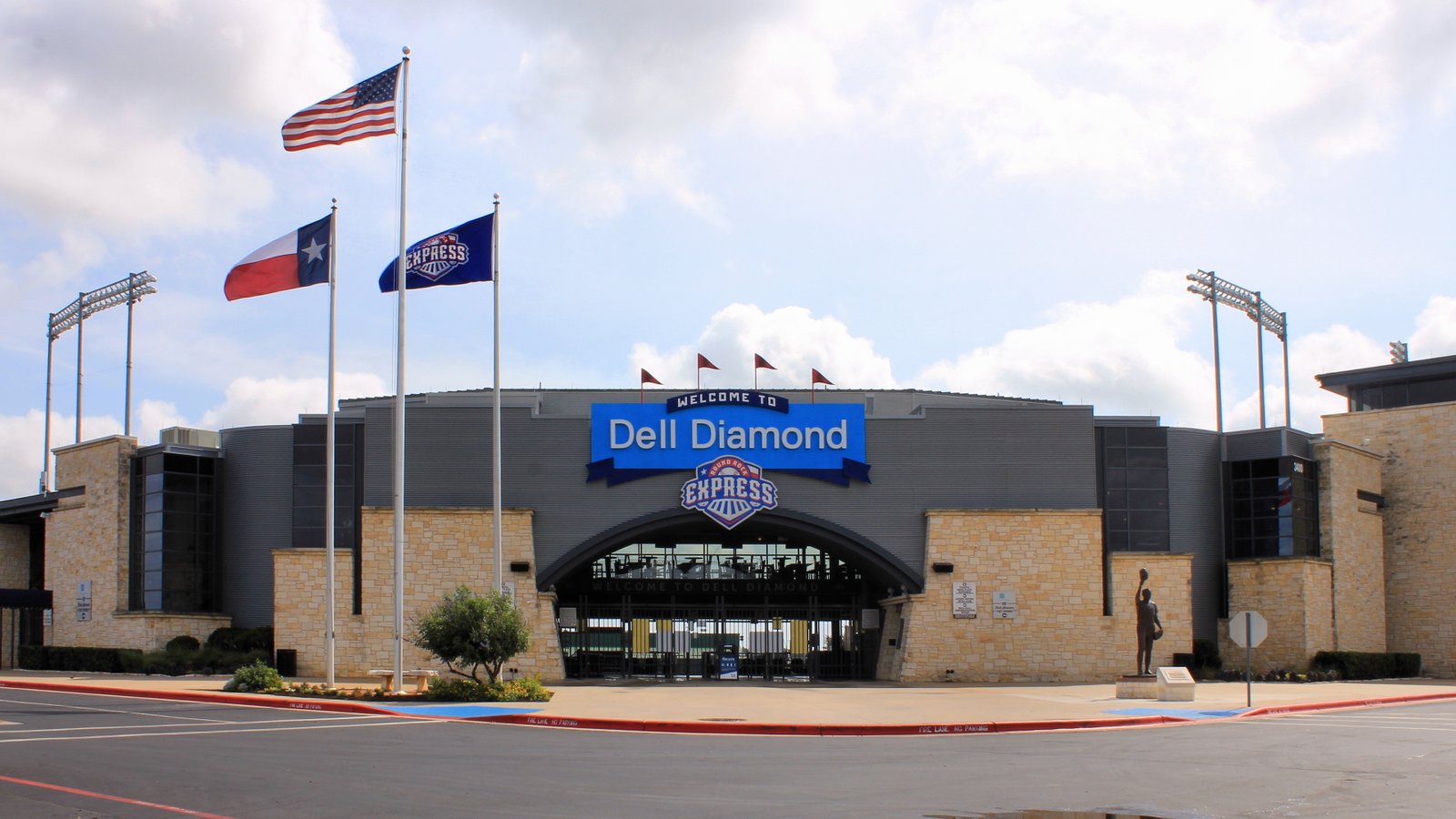 The southwest entrance to the Dell Diamond in Round Rock, Texas United States. Dell Diamond is the home stadium of the Round Rock Express class Triple-A baseball team, affiliate of the Texas Rangers major league baseball team. | Round Rock in United States