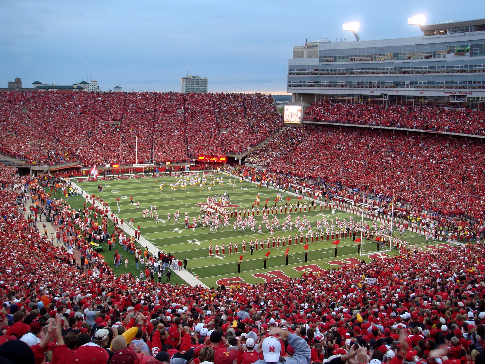 Memorial Stadium in Lincoln, Nebraska: home of the Nebraska Cornhuskers football team.  On September 15, 2007 the then-#14 ranked Cornhuskers hosted the #1 ranked USC Trojans in the game of the week.  Before 84,949, the Trojans felled the Huskers 49-31.  This photo is of the pre-game entrance of the two teams. | Lincoln in United States
