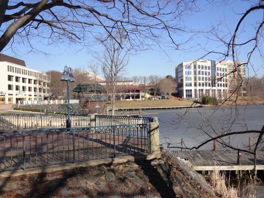 A landscape view of Columbia Town Center in Columbia, Maryland, including Lake Kittamaqundi. Many of the buildings in the area were constructed after 1970. | Frederick in United States