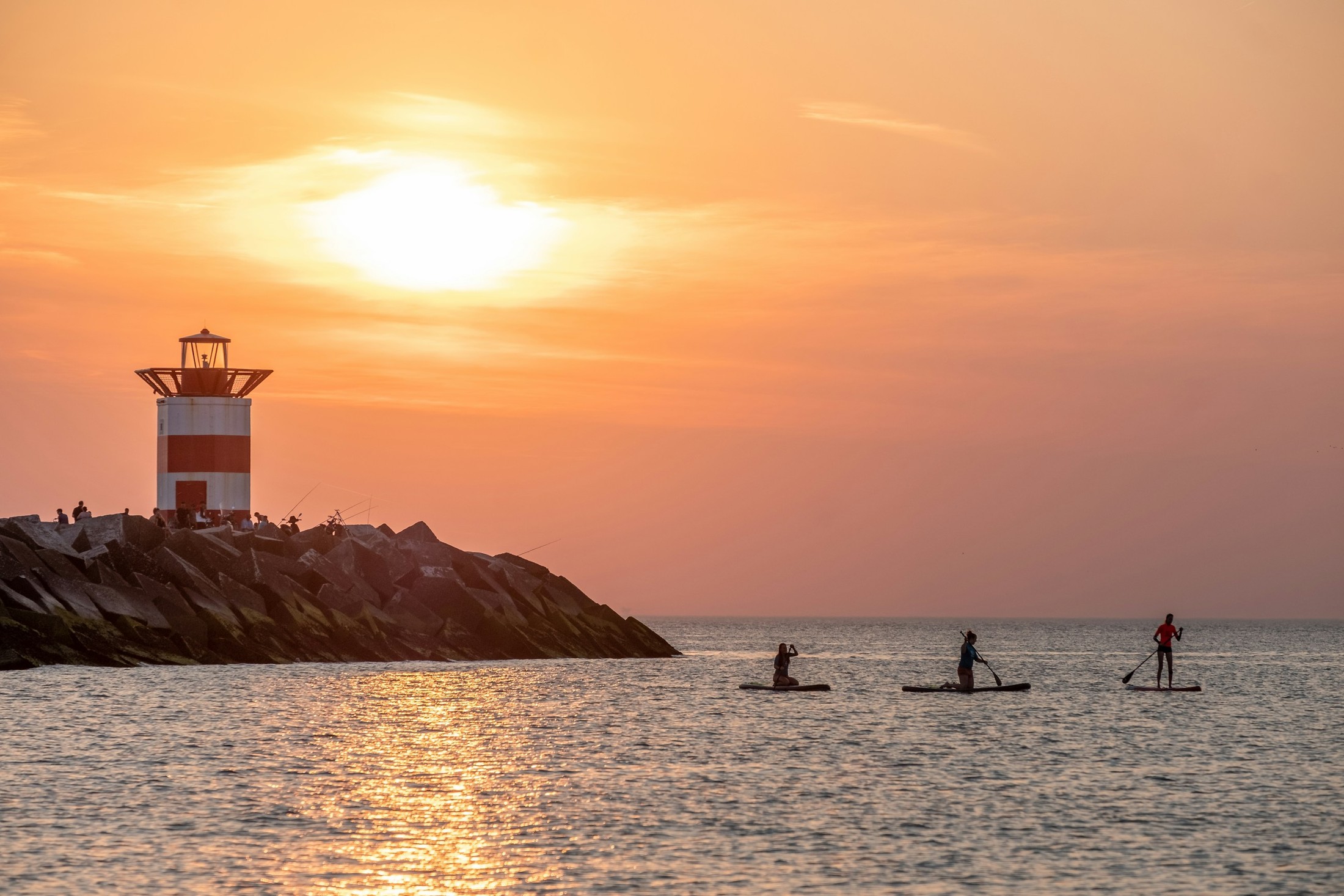 Stand up paddlers in front of lighthouse with sunset. | Scheveningen in Netherlands